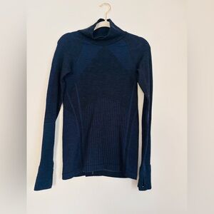 Athleta Mock Neck Pullover Sweater Navy Blue Wool Blend Thumb Holes S Women